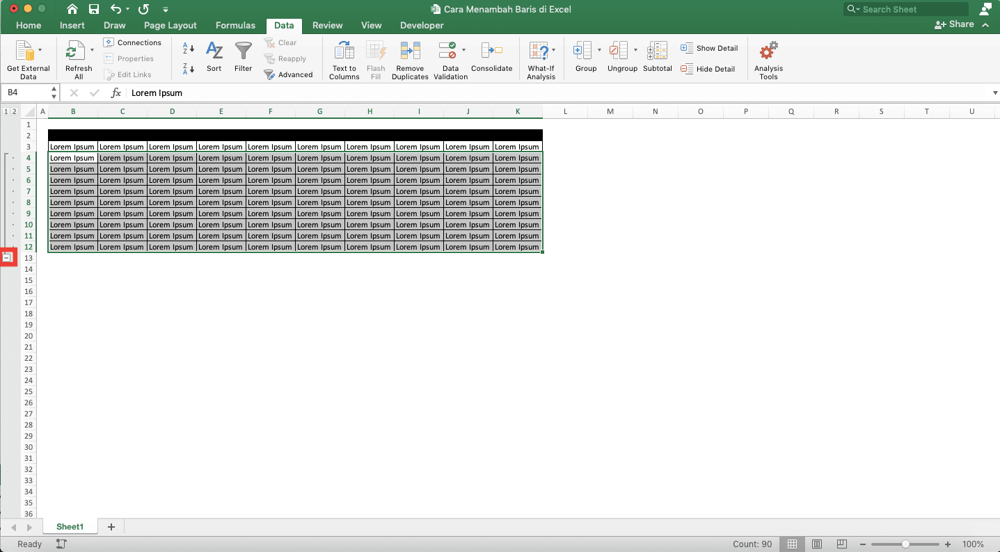 Cara Menambah Baris di Excel - Screenshot Contoh Hasil Penampilan Sub Baris dan Lokasi Simbol Minus