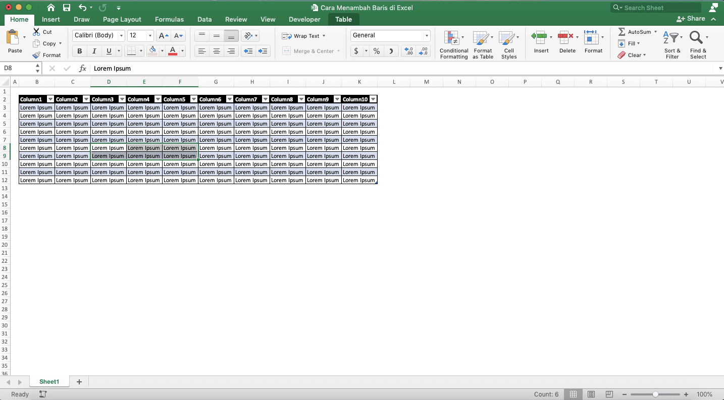 Cara Menambah Baris di Excel - Screenshot Contoh Penyorotan Cell Range untuk Menambah Baris di Tabel Excel