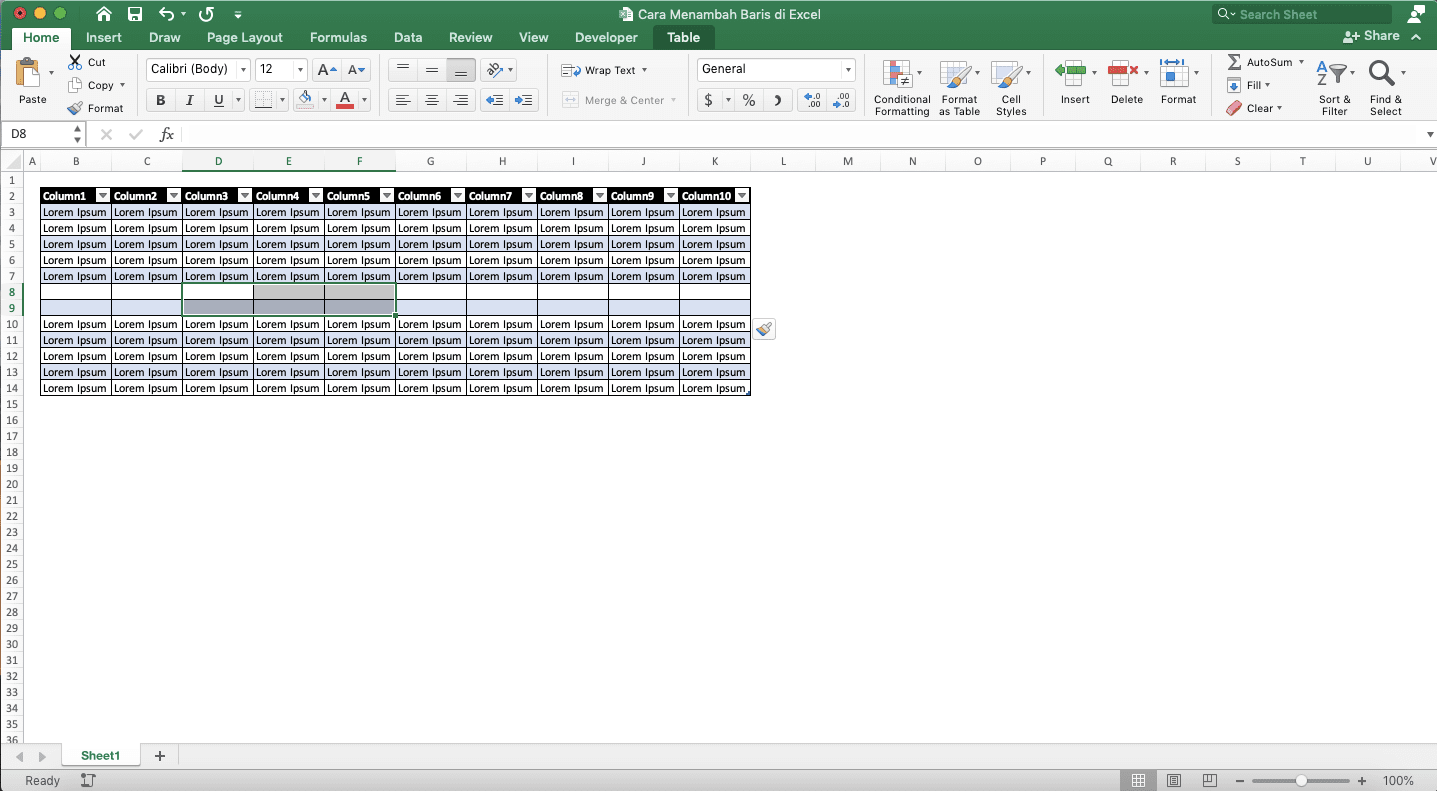 Cara Menambah Baris di Excel - Screenshot Contoh Hasil Penambahan Baris di Tabel Excel