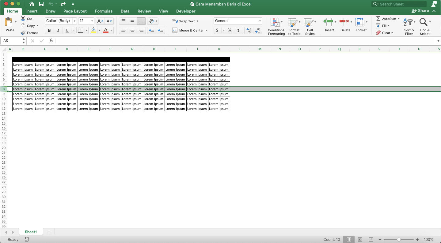 Cara Menambah Baris di Excel - Screenshot Cara Menambah Beberapa Baris Secara Tidak Berurutan, Langkah 1