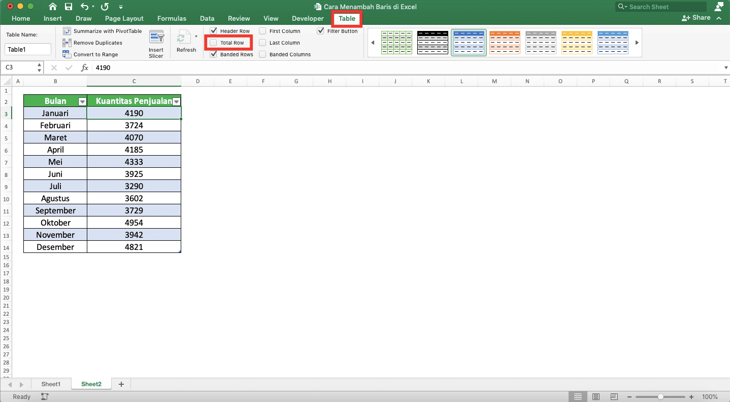 Cara Menambah Baris di Excel - Screenshot Lokasi Tab Table dan Boks Centang Total Rownya