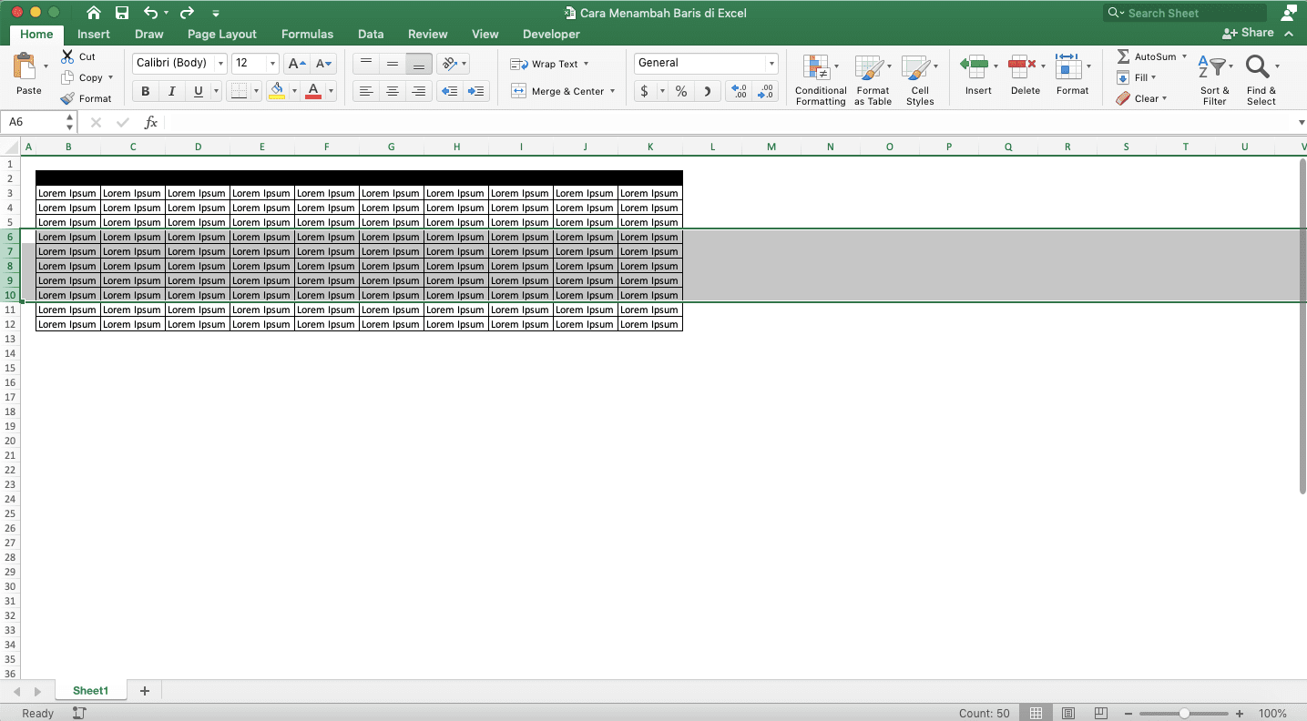 Cara Menambah Baris di Excel - Screenshot Cara Menambah Beberapa Baris Secara Berurutan, Langkah 2