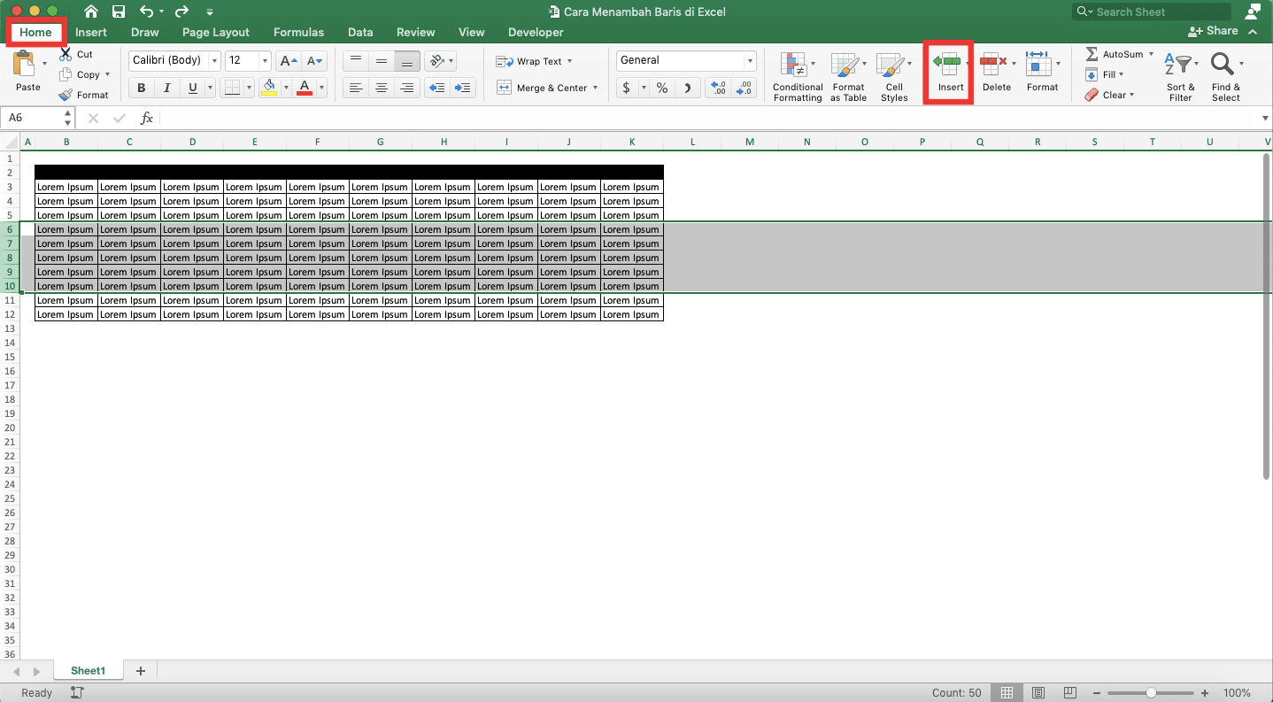 Cara Menambah Baris di Excel - Screenshot Cara Menambah Beberapa Baris Secara Berurutan, Langkah 3