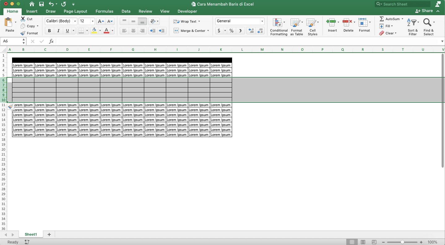 Cara Menambah Baris di Excel - Screenshot Cara Menambah Beberapa Baris Secara Berurutan, Langkah 4