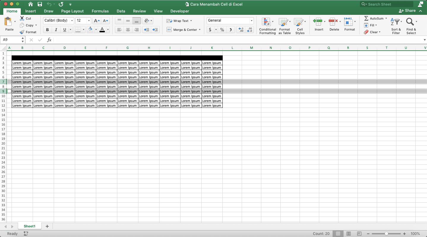 Cara Menambah Cell di Excel - Screenshot Langkah Cara Menambah Cell di Excel dengan Menambah Baris 1