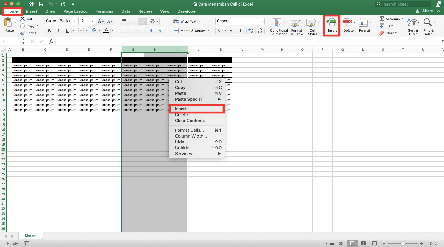 Cara Menambah Cell di Excel - Screenshot Langkah Cara Menambah Cell di Excel dengan Menambah Kolom 2