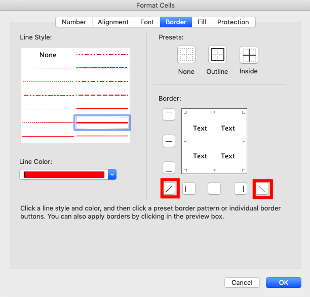 Cara Menambah Garis (Border) di Excel - Screenshot Lokasi Tombol Penambahan Garis Diagonal di Dialog Box Border