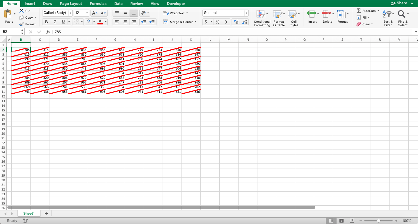 Cara Menambah Garis (Border) di Excel - Screenshot Contoh Hasil Penambahan Garis Diagonal