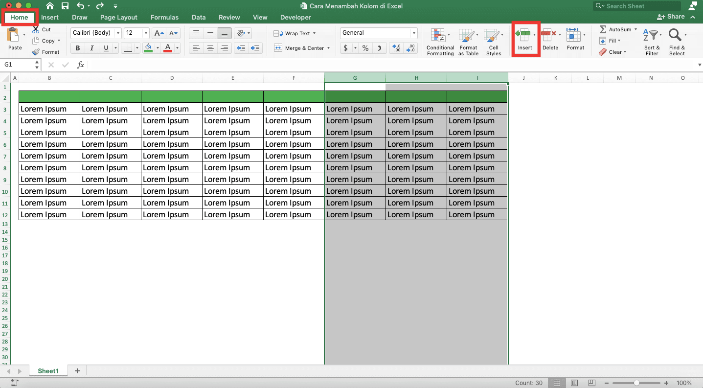 Cara Menambah Kolom di Excel - Screenshot Langkah Penambahan Banyak Kolom 3