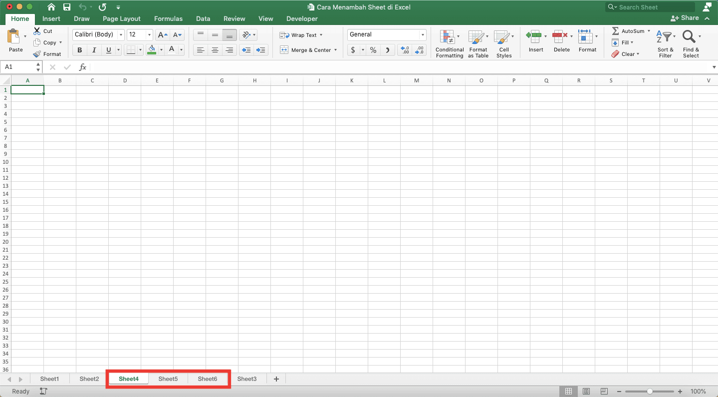 Cara Menambah Sheet di Excel - Screenshot Contoh Hasil Penambahan Beberapa Sheet Secara Sekaligus