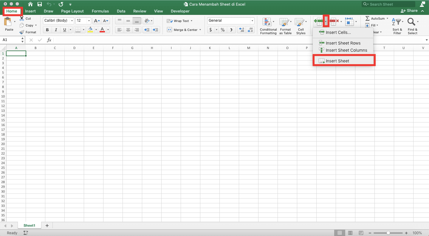 Cara Menambah Sheet di Excel - Screenshot Cara Tombol Insert, Langkah 1