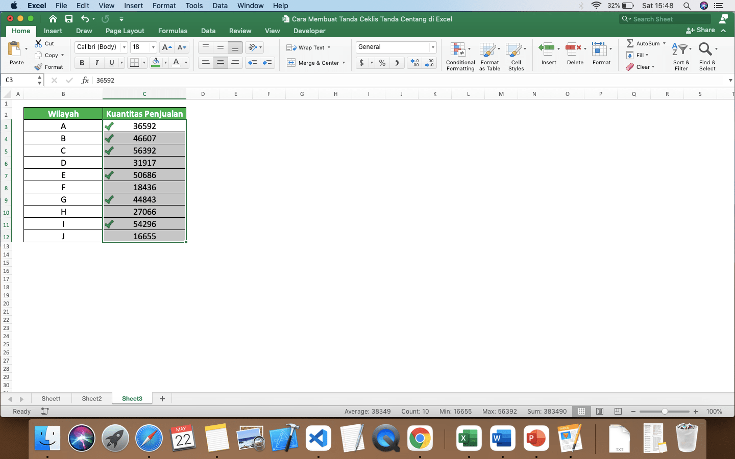 Cara Membuat Tanda Ceklis/Tanda Centang di Excel - Screenshot Contoh Hasil Cara Conditional Formatting untuk Memasukkan Tanda Ceklis/Centang di Excel