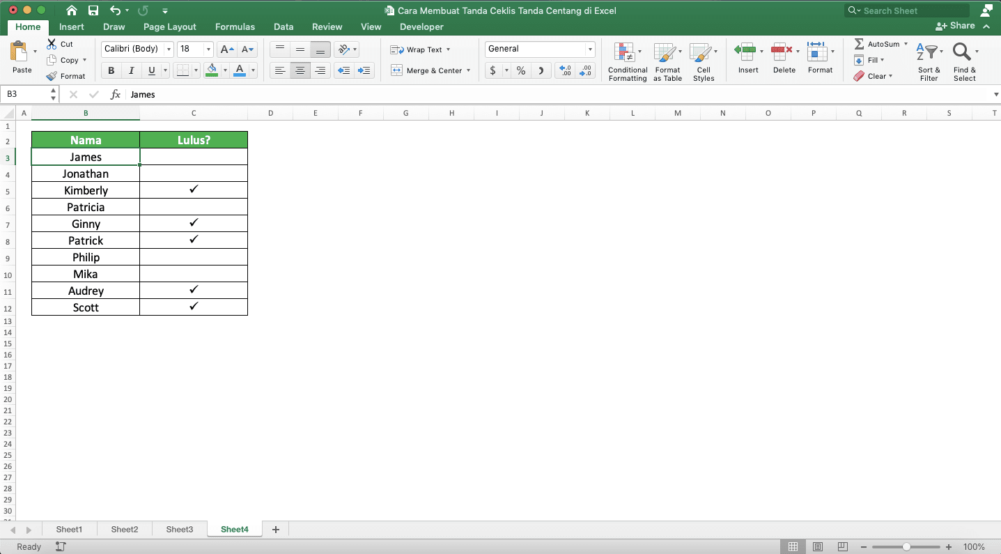 Cara Membuat Tanda Ceklis/Tanda Centang di Excel - Screenshot Data untuk Contoh Implementasi Conditional Formatting dengan Dasar Tanda Ceklis/Centang di Excel