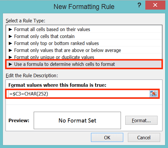 Cara Membuat Tanda Ceklis/Tanda Centang di Excel - Screenshot Contoh Penulisan Rumus untuk Conditional Formatting dengan Dasar Tanda Ceklis/Centang di Excel
