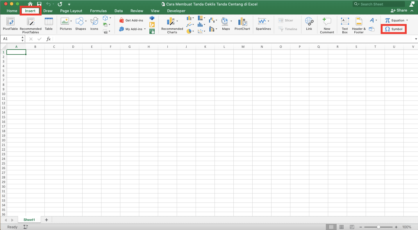 Cara Membuat Tanda Ceklis/Tanda Centang di Excel - Screenshot Lokasi Tab Insert dan Tombol Menu Symbol di Excel