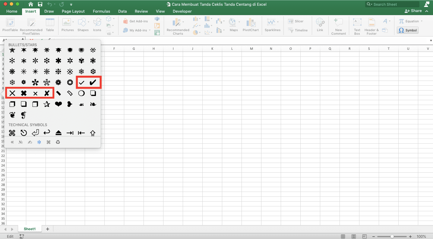 Cara Membuat Tanda Ceklis/Tanda Centang di Excel - Screenshot Dialog Box Menu Symbol untuk Memasukkan Tanda Ceklis/Centang di Excel
