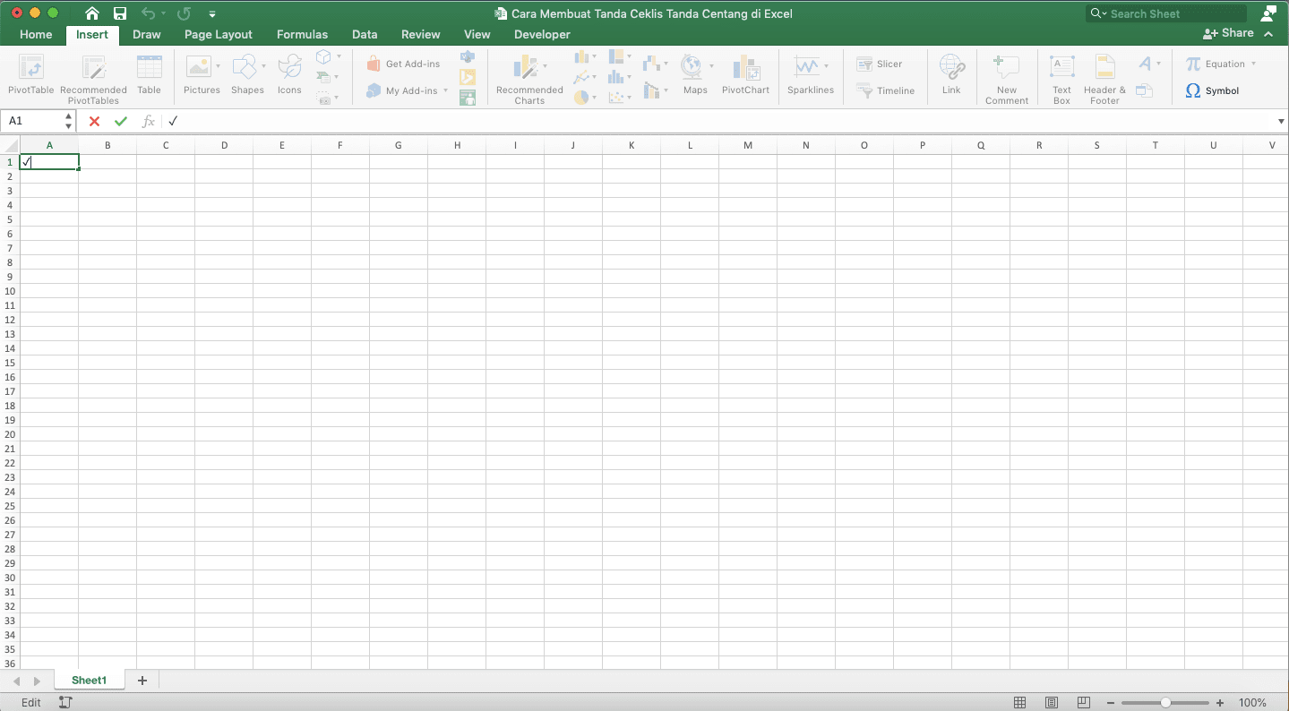 Cara Membuat Tanda Ceklis/Tanda Centang di Excel - Screenshot Contoh Hasil Cara Menu Symbol untuk Memasukkan Tanda Ceklis/Centang di Excel