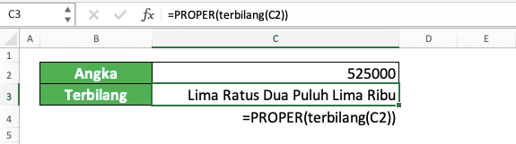 Rumus terbilang excel - Screenshot Contoh Hasil Implementasi PROPER pada Bentuk Terbilang Angka di Excel