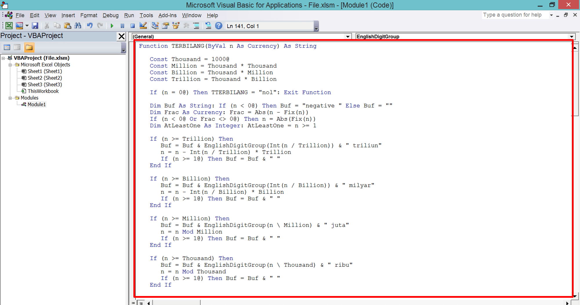 Rumus terbilang excel - Screenshot Langkah 2-4