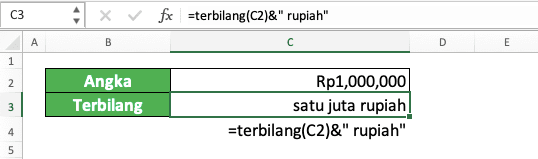 Rumus terbilang excel - Screenshot Contoh Hasil Implementasi & untuk Mendapatkan Bentuk Terbilang Angka di Excel Dengan Kata Rupiah di Belakangnya