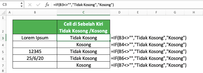 Cara Mengecek Apakah Cell Tidak Kosong di Excel - Screenshot Contoh Implementasi Rumus IF dengan Kondisi Logika Jika Cell Tidak Kosong