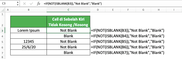 Cara Mengecek Apakah Cell Tidak Kosong di Excel - Screenshot Contoh Implementasi Rumus IF dengan NOT ISBLANK