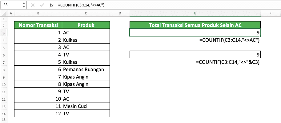 Cara Menuliskan “Tidak Sama Dengan” di Excel - Screenshot Contoh Implementasi Penulisan Tidak Sama Dengan Dalam Rumus COUNTIF di Excel