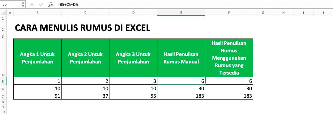 Cara Menulis Rumus di Excel - Screenshot Contoh 1