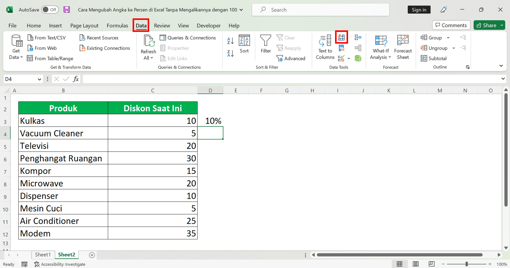 Cara Mengubah Angka ke Persen di Excel Tanpa Mengalikannya dengan 100 - Screenshot Cara Mengubah Angka ke Persen di Excel Tanpa Mengalikannya dengan 100 dengan Cara Flash Fill, Langkah 2