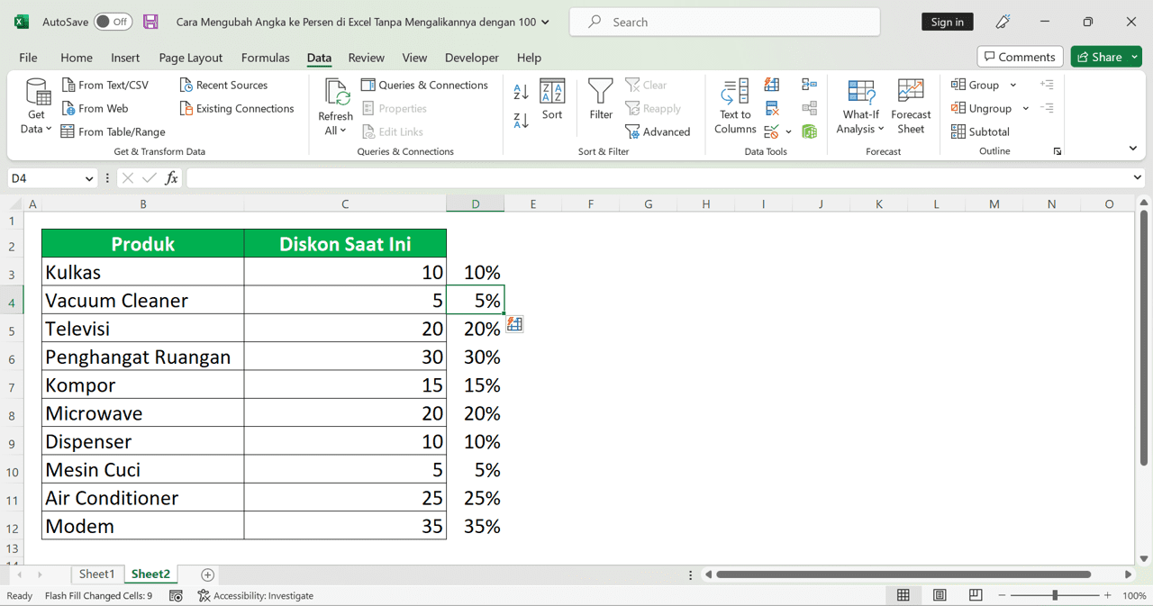 Cara Mengubah Angka ke Persen di Excel Tanpa Mengalikannya dengan 100 - Screenshot Cara Mengubah Angka ke Persen di Excel Tanpa Mengalikannya dengan 100 dengan Cara Flash Fill, Langkah 3