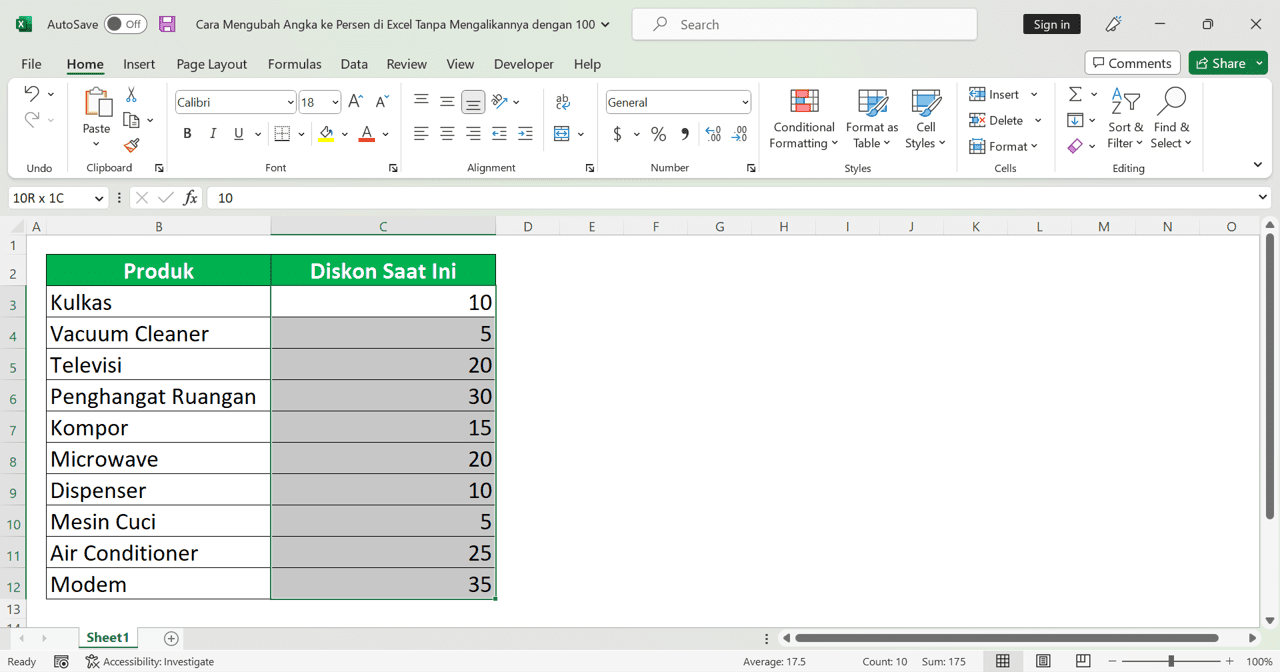 Cara Mengubah Angka ke Persen di Excel Tanpa Mengalikannya dengan 100 - Screenshot Cara Mengubah Angka ke Persen di Excel Tanpa Mengalikannya dengan 100 dengan Cara Format Custom, Langkah 1