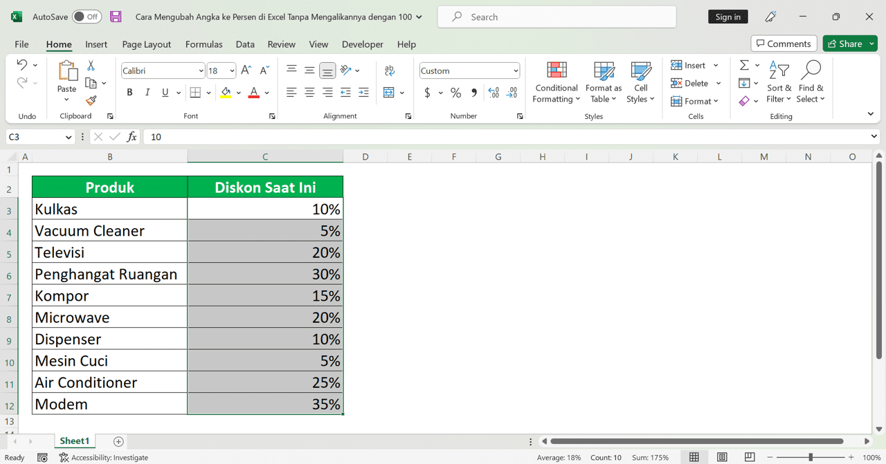 Cara Mengubah Angka ke Persen di Excel Tanpa Mengalikannya dengan 100 - Screenshot Cara Mengubah Angka ke Persen di Excel Tanpa Mengalikannya dengan 100 dengan Cara Format Custom, Langkah 6