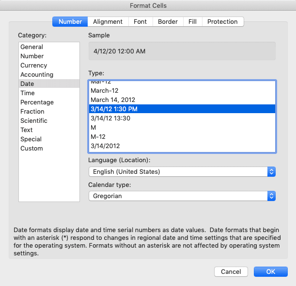 Cara Merubah Format Tanggal di Excel - Screenshot Contoh Pilihan Format Tanggal dan Waktu di Dialog Box Format Cells, Format Data Date