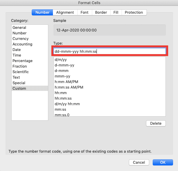 Cara Merubah Format Tanggal di Excel - Screenshot Contoh Penulisan Format Tanggal dan Waktu di Boks Teks Format Data Custom