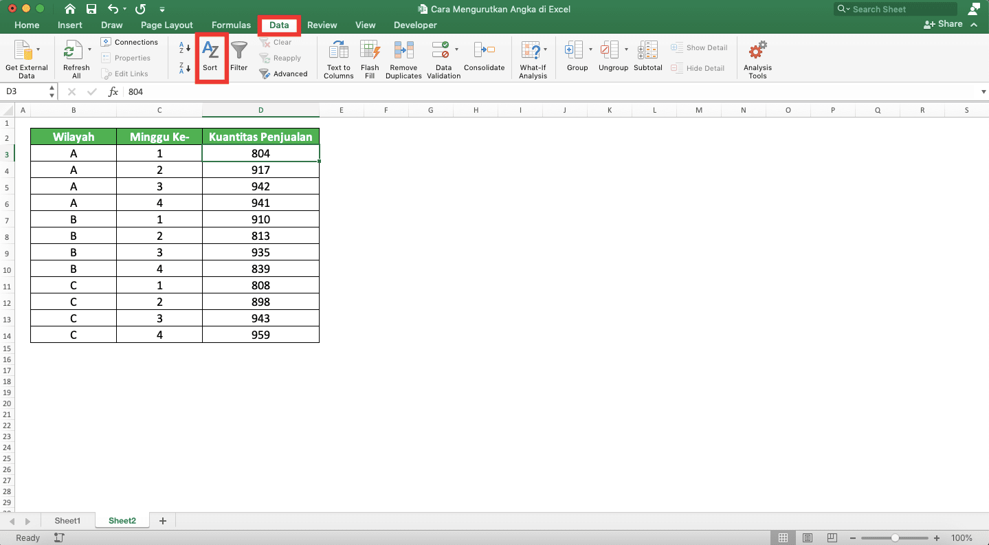 Cara Mengurutkan Angka di Excel - Screenshot Cara Mengurutkan Angka di Excel dengan Lebih dari Satu Tingkatan Pengurutan, Langkah 2