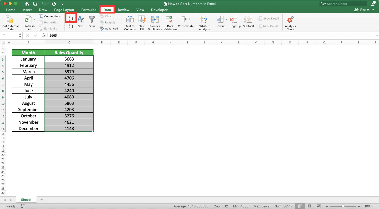 Cara Mengurutkan Angka di Excel - Screenshot Cara Mengurutkan Angka dari Kecil ke Besar di Excel, Langkah 2