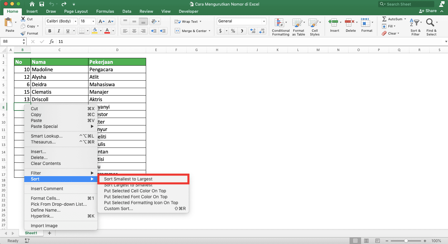 Cara Mengurutkan Nomor di Excel - Screenshot Langkah 1 Klik Kanan untuk Mengurutkan Nomor di Excel