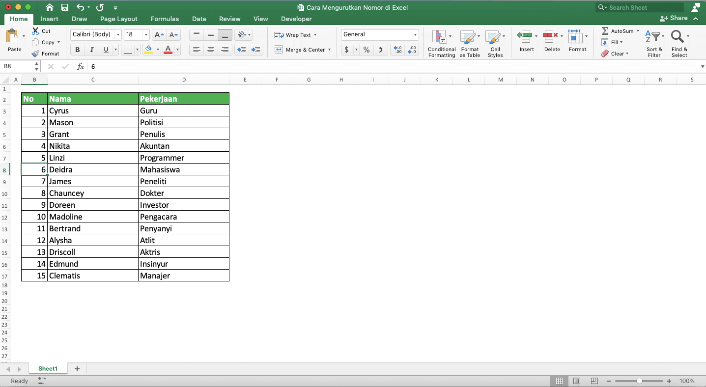 Cara Mengurutkan Nomor di Excel - Screenshot Langkah 2 Klik Kanan untuk Mengurutkan Nomor di Excel