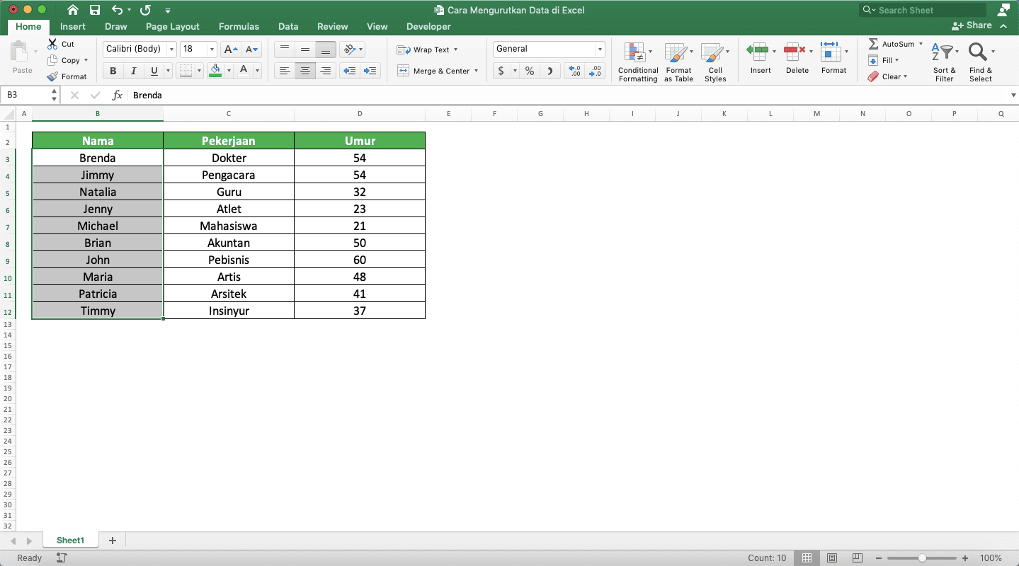 Cara Mengurutkan Data di Excel - Screenshot Cara Mengurutkan Abjad, Langkah 1