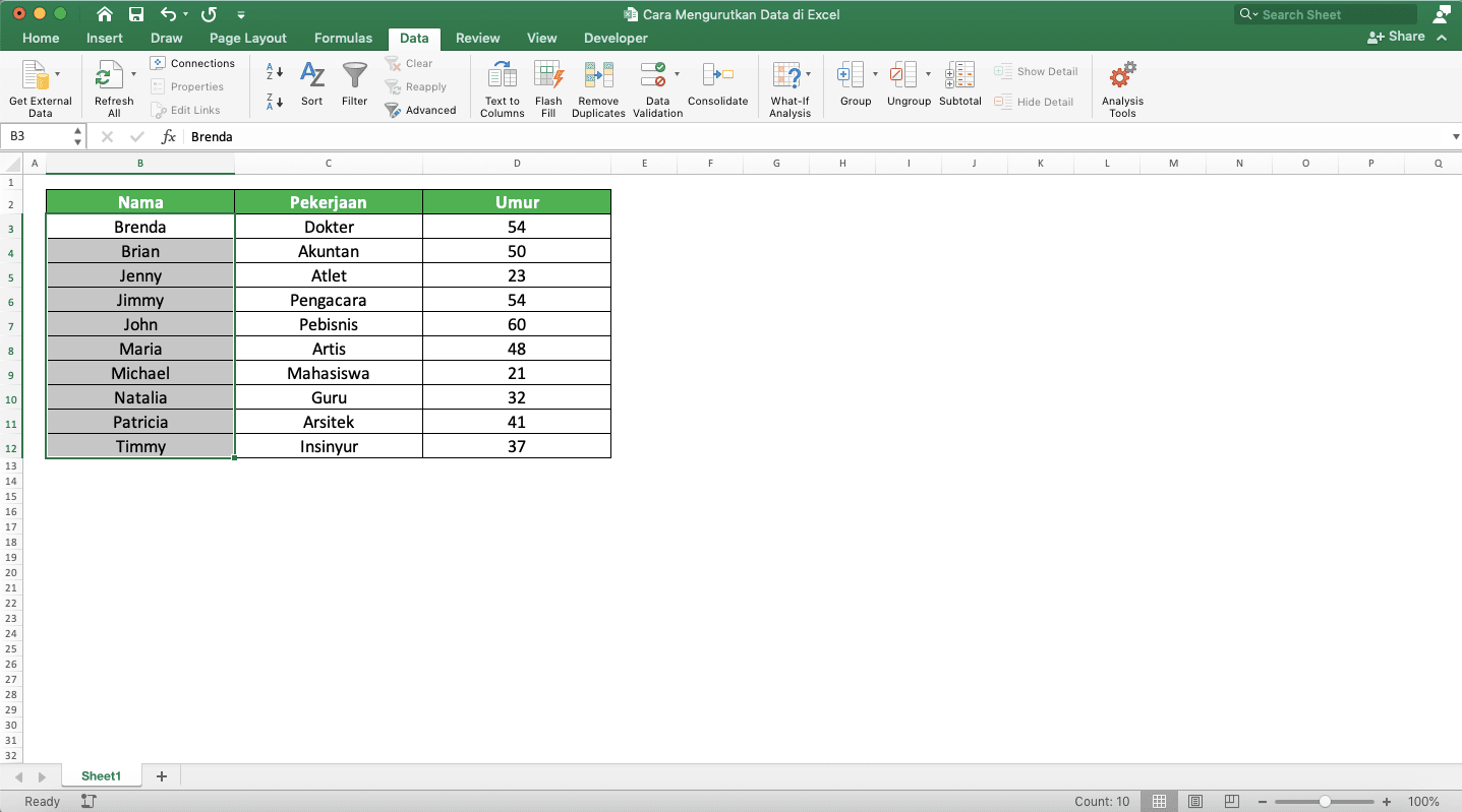 Cara Mengurutkan Data di Excel - Screenshot Cara Mengurutkan Abjad, Langkah 4