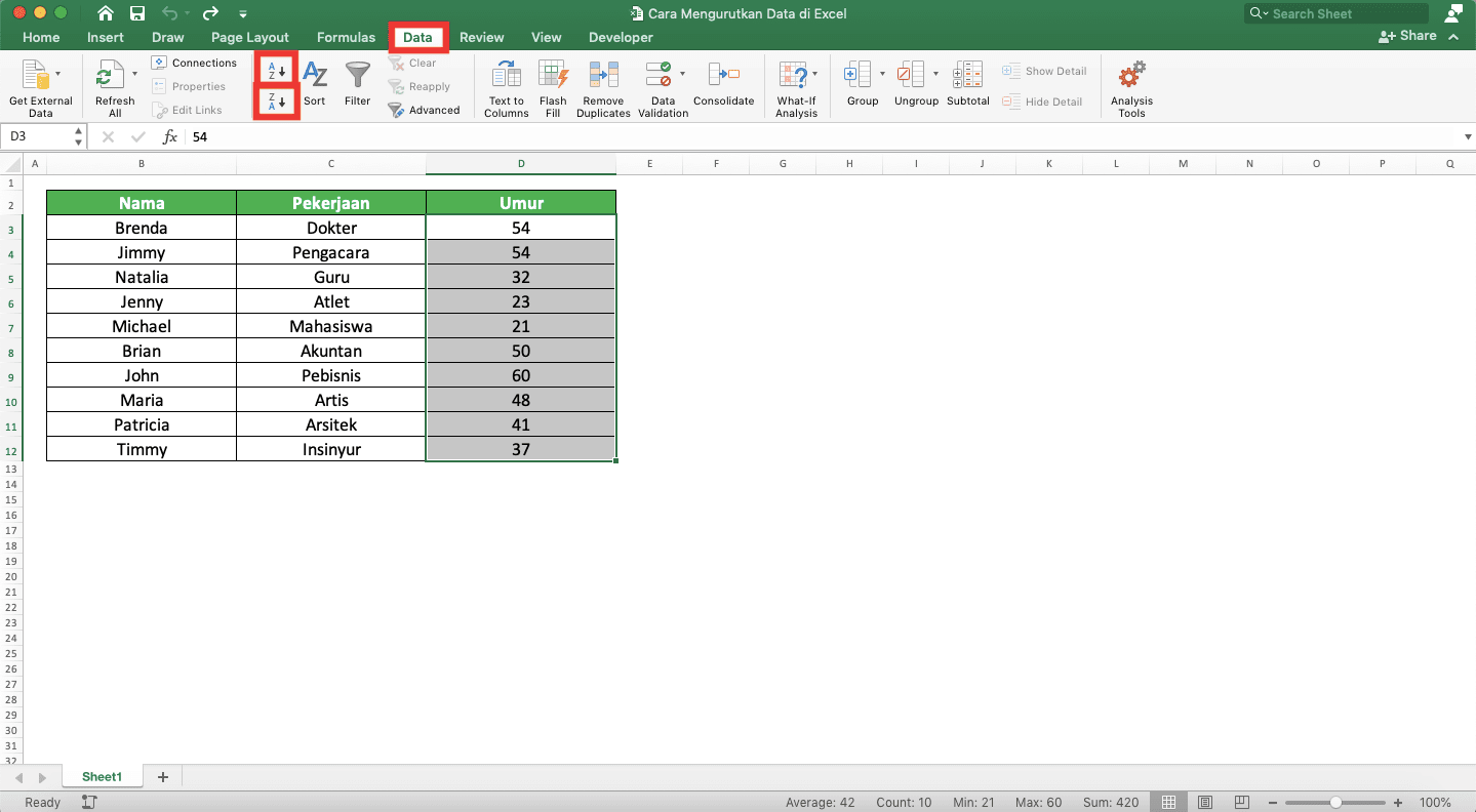 Cara Mengurutkan Data di Excel - Screenshot Lokasi Tab Data dan Dua Tombol Pengurutan Datanya