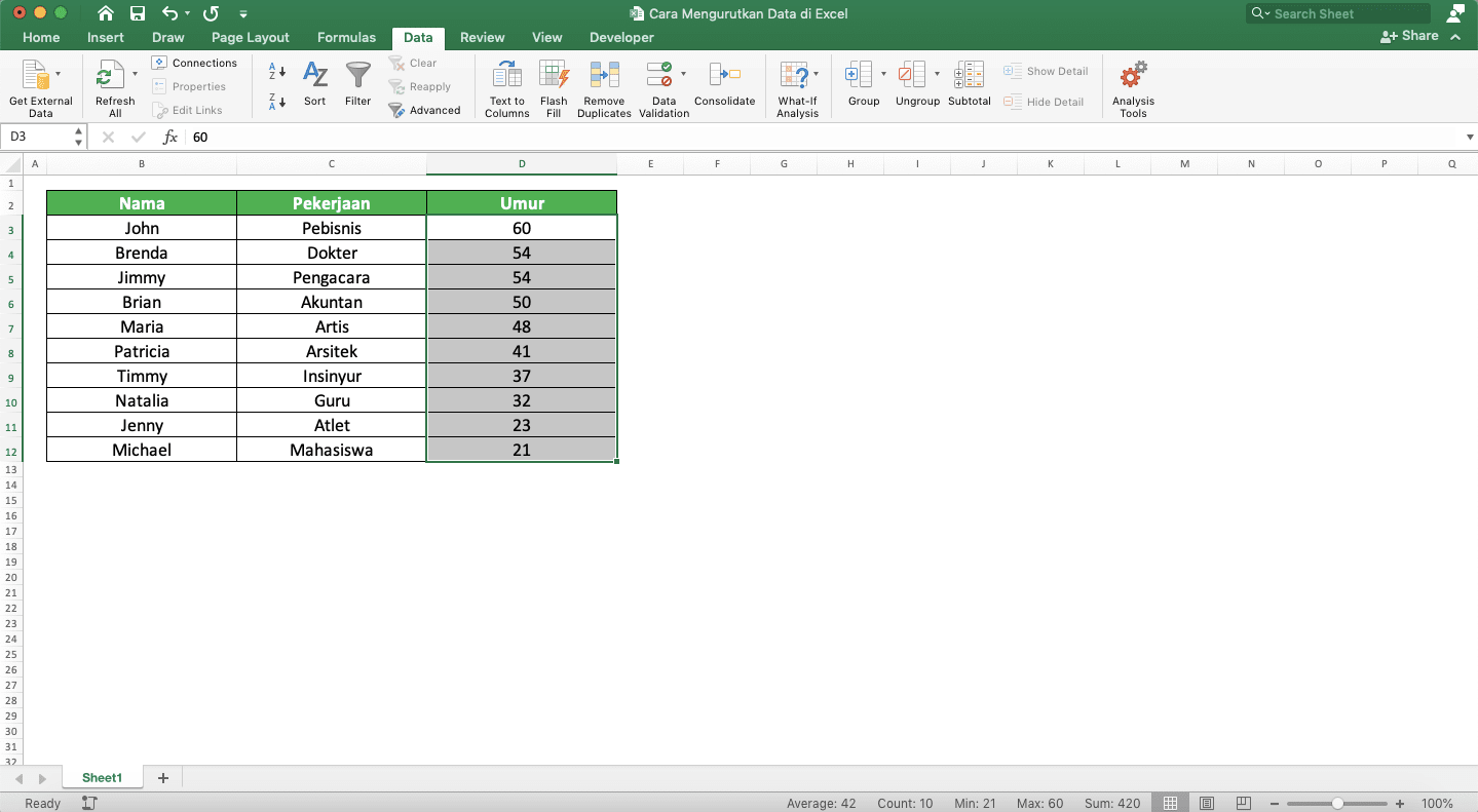 Cara Mengurutkan Data di Excel - Screenshot Contoh Hasil Pengurutan Angka di Excel