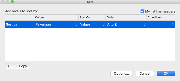 Cara Mengurutkan Data di Excel - Screenshot Contoh Input Detail Pertama untuk Pengurutan Data Secara Bertingkat