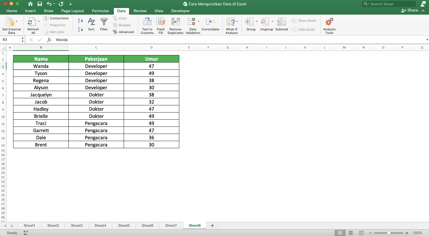 Cara Mengurutkan Data di Excel - Screenshot Contoh Hasil Pengurutan Data Secara Bertingkat di Excel