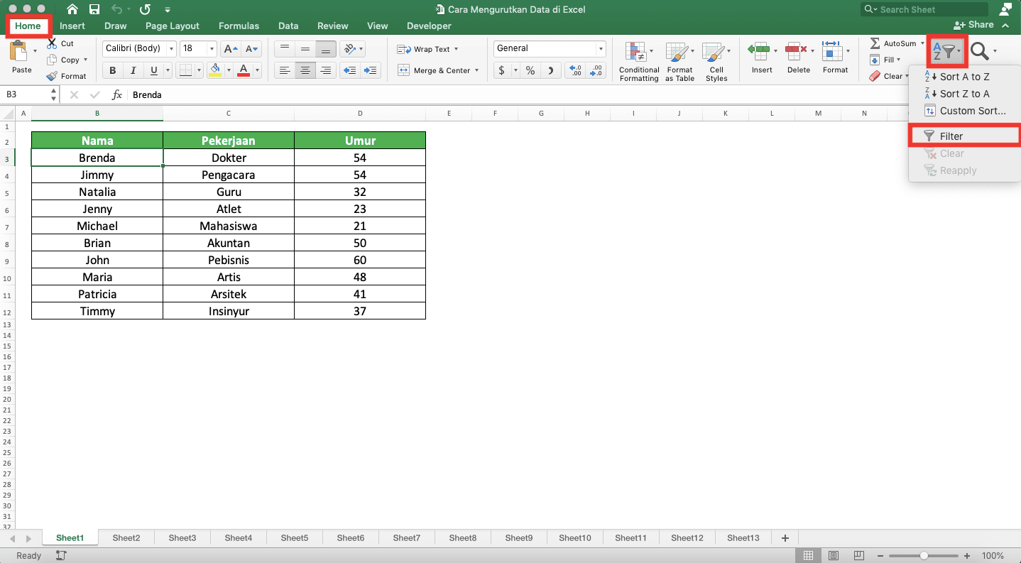 Cara Mengurutkan Data di Excel - Screenshot Lokasi Tab Home, Tombol Dropdown Sort & Filter, dan Pilihan Filternya