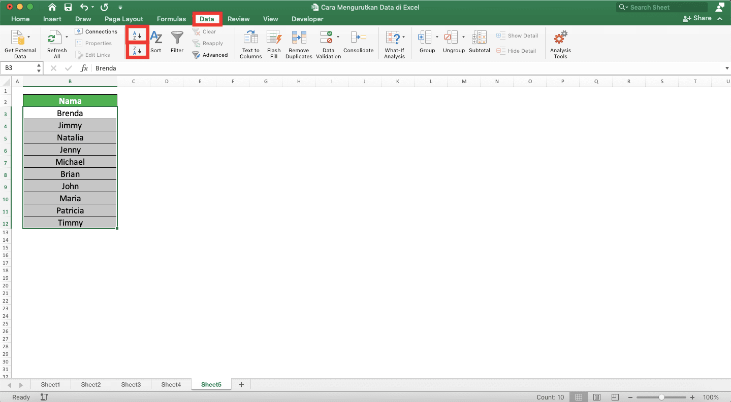 Cara Mengurutkan Data di Excel - Screenshot Lokasi Tab Data dan Dua Tombol Pengurutan Datanya