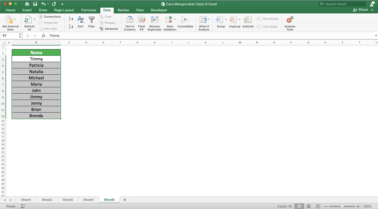 Cara Mengurutkan Data di Excel - Screenshot Contoh Hasil Pengurutan Cell-Cell Tersorot di Excel