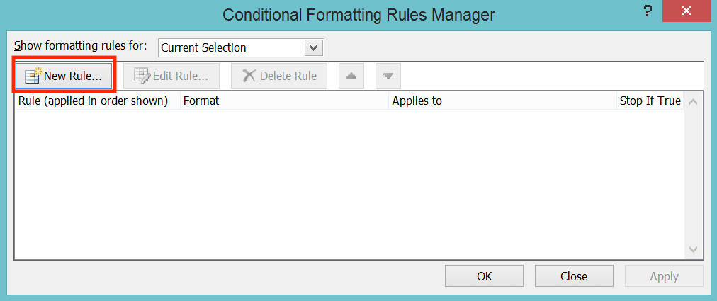 Cara Mengurutkan Data di Excel - Screenshot Lokasi Tombol New Rule... di Dialog Box Conditional Formatting