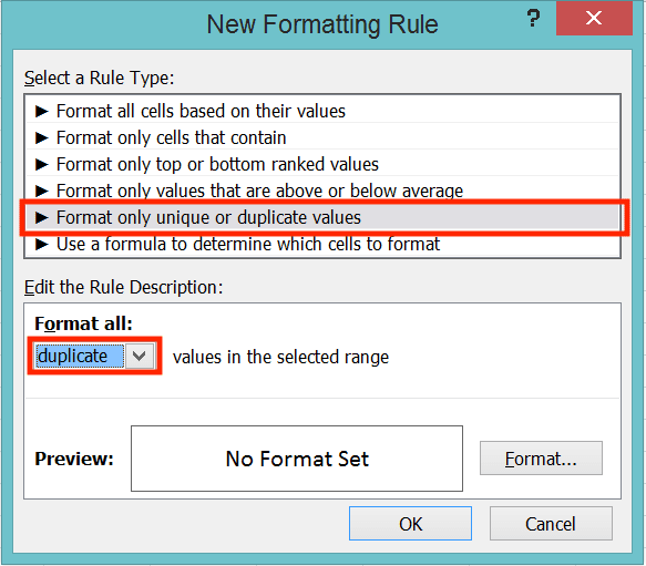 Cara Mengurutkan Data di Excel - Screenshot Lokasi Pilihan Format only unique or duplicate values dan Dropdown Bernilai Duplicate