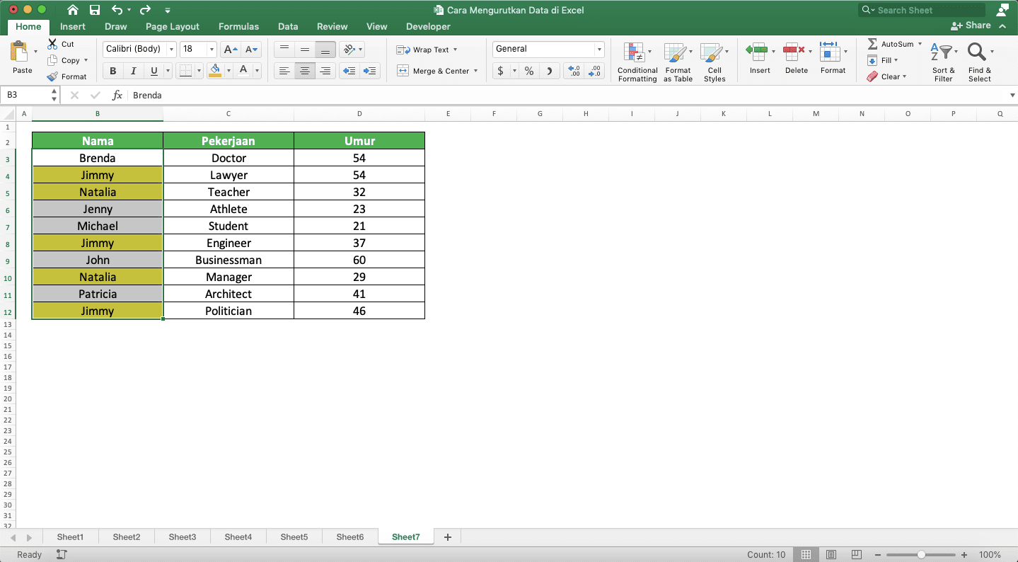 Cara Mengurutkan Data di Excel - Screenshot Contoh Hasil Pewarnaan Cell Berisi Data Duplikat dengan Conditional Formatting